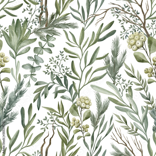 Obraz na plátně Watercolor seamless pattern with winter leaves, branches, pine, berries