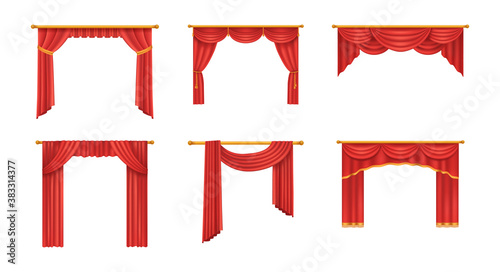 Realistic red theater curtains. Red silk velvet curtains and draperies design interior, theater stage decoration, wedding salon, cinema, hall opera. Luxury fabric texture isolated vector