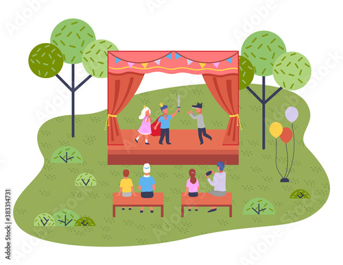 Musical concert in the garden. Children s theatrical performance on the stage in the open summer playground, kid spectacle. Entertainment for children on vacation at the playing field of the city park