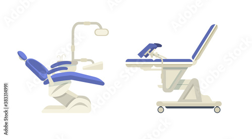 Hospital medical diagnostic equipment. Medical devices, health system, monitoring. Gynecological chair, medical dental arm-chair. Equipment dentist chair for dental treatment, toothache