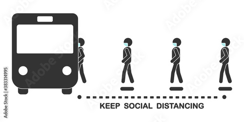 A symbol of social distancing for queueing to get on bus to prevent the spread of Coronavirus (COVID-19), New normal concept, Sign and symbol COVID-19 illustration.