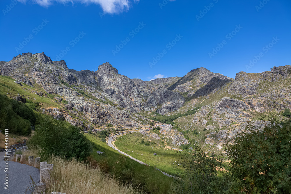 View from the top of the mountains of the Serra da Estrela natural park, Star Mountain Range, glacier valley and mountain landscape