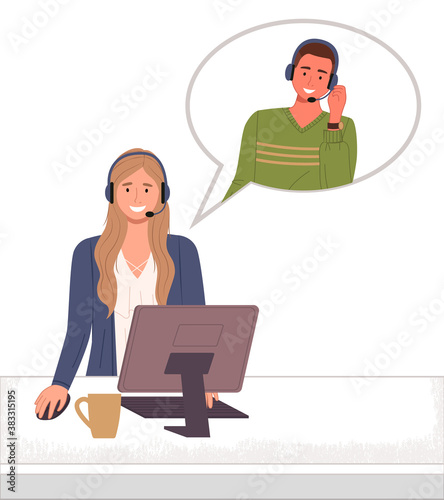 Call center hotline, female haracter. Online support worker, telephone service operator. Satisfied girl manager and happy smiling customer young man . Remote service specialist with headphone