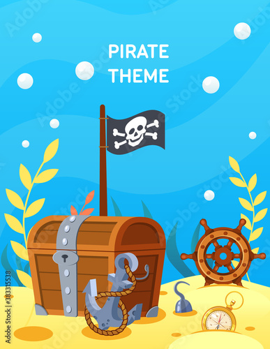 Pirate theme. Vector cartoon treasure chest at bottom of ocean, steering wheel, anchor at depths of sea, among the sand under water. View of the underwater world, ancient treasures, coins, jewelry.