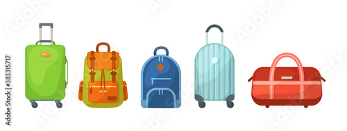 Travel luggage, metal backpacks, plastic case and leather bag. Travel suitcase with wheels, journey package, business travel bag, trip luggage. Backpack suitcase for journey, vacation, tourism