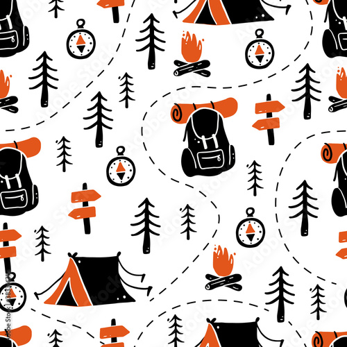 Set of hand drawn seamless pattern tourism and camping equipment. Doodle style illustration. Activity holiday, outdoor travel concept.