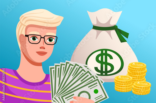Money and savings concept. Financial plan of a young man. Cartoon character holding a lot of paper banknotes. A serious guy in glasses with bills and stacks of dollar coins and a bag of money