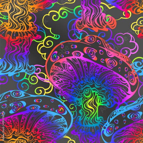 Psychedelic magic glowing mushrooms. Seamless pattern - goa trance music, hanging out, shindig, going out, the gang, rave, get together, culture. Hippie. Hashish 60s