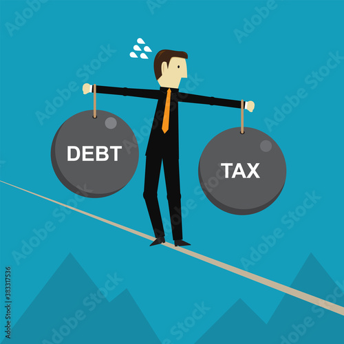 Businessman holding debt weight and tax weight