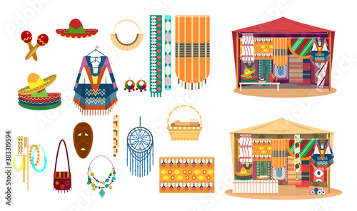 Vector set of Mexican handicrafts. Traditional souvenirs. Fabric and carpets store. Street shop. Sombrero hats, ponchos, maracas, dream catcher, mask, jewelry, mats.