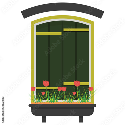 
A window shutter depicting exterior of the home 
