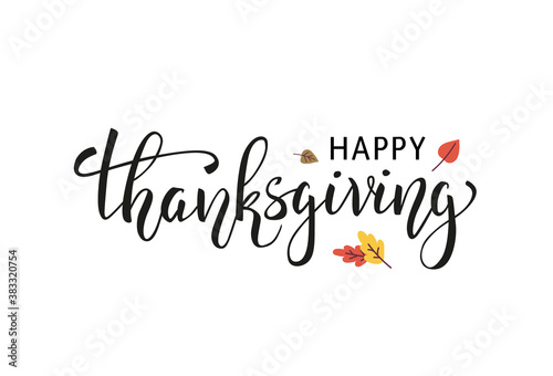Happy Thanksgiving hand drawn lettering with autumn leaves on white background. - Vector