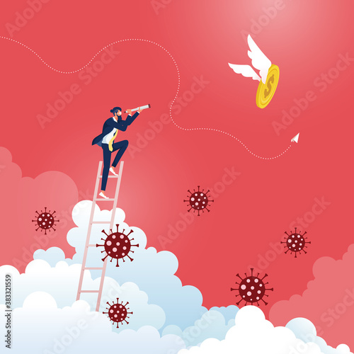 Looking for High Profits Overcome Crisis-Business vision concept, Businessman looking through a telescope searching target, Career goal, direction, opportunity.