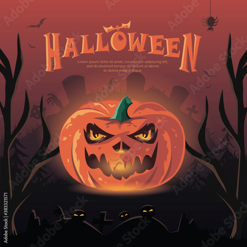 Happy Halloween banner with holiday symbol - pumpkin. Full moon in the cemetery. Vector illustration. Cobwebs and bats. EPS 10