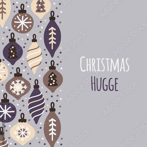Cute Christmas Hugge background with hand drawn Christmas balls