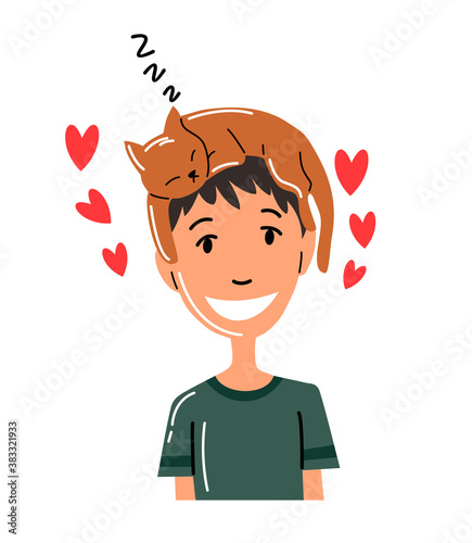 People and pet. Cat pet owner character. Ownerwith cat on head. Boy love him animal. Cute and adorable domestic animal
