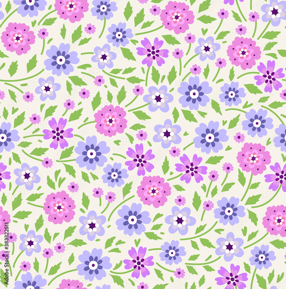 Cute floral pattern in the small flowers. Seamless vector texture. Elegant template for fashion prints. Printing with small lilac flowers. White background.