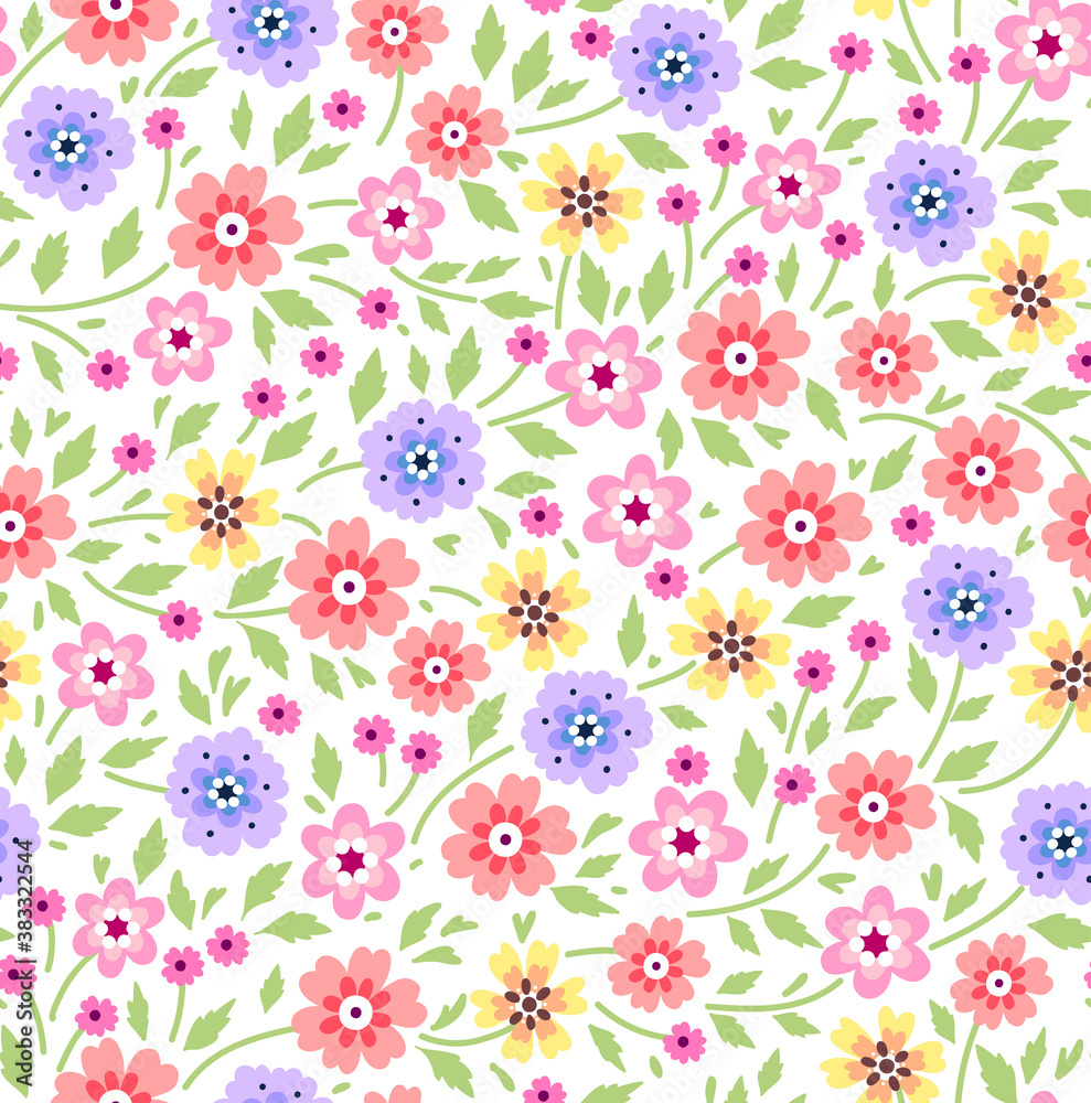 Trendy seamless vector floral pattern. Endless print made of small colorful flowers. Summer and spring motifs. White background. Vector illustration.