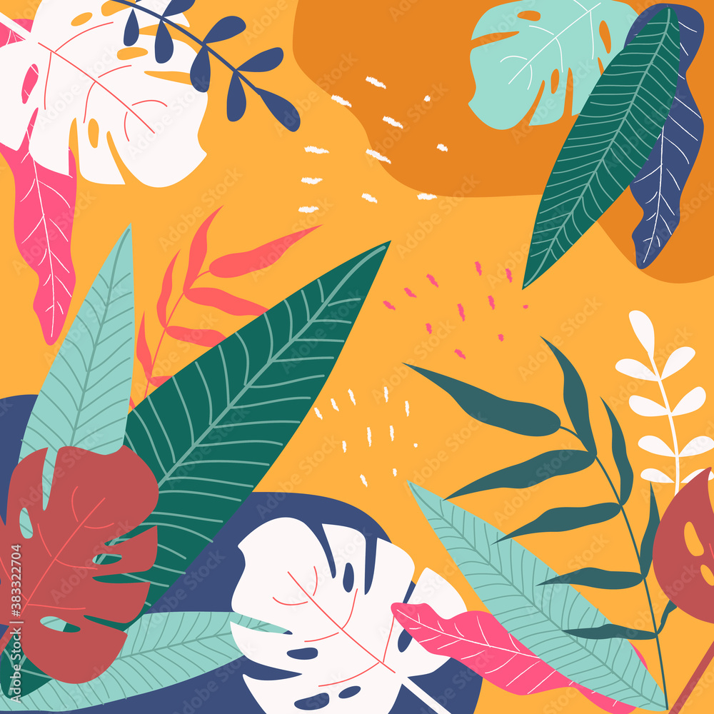 Plakat vector illustration background with hand drawn bright tropical leaves