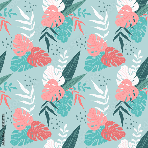 seamless pattern with hand drawn tropical leaves in blue and pink colors