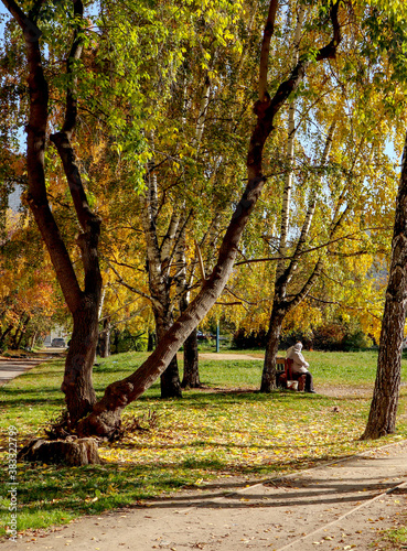 Two elderly women are sitting on a bench. Autumn landscape. Cityscape, view to the city of Yekaterinburg, Russia.