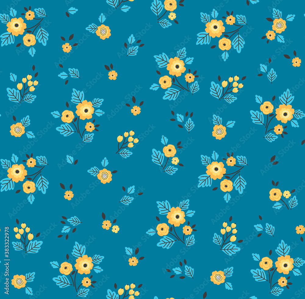 Beautiful floral pattern in small abstract flowers. Small yellow flowers. Dark blue background. Ditsy print. Floral seamless background. The elegant the template for fashion prints. Beautiful floral pattern in small abstract flowers. Small yellow flowers. Dark blue background. Ditsy print. Floral seamless background. The elegant the template for fashion prints.