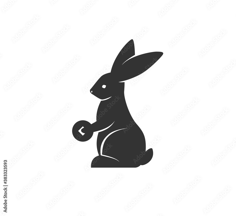 Rabbit silhouette holding coin vector illustration. Black and white bunny logo. Isolated on white background Rabbit silhouette holding coin vector illustration. Black and white bunny logo. Isolated on white background