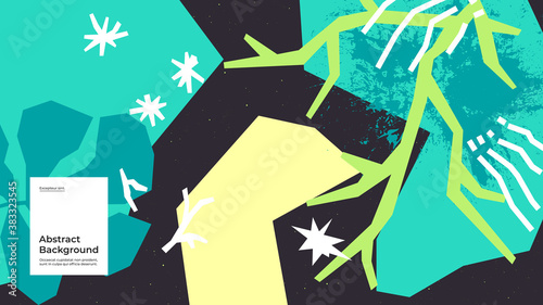 Abstract background illustration. Colorful lines, spots, leafs. Decorative wallpaper, backdrop. Various decor elements and faceted shapes. Eps10 vector.