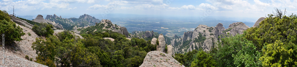 Panoramic view over Montserrat, a multi-peaked mountain range near Barcelona, in Catalonia, Spain.
