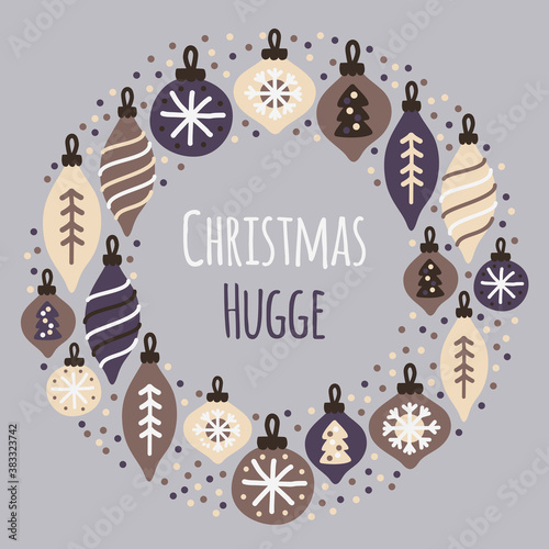 Cute Christmas Hugge frame background with hand drawn Christmas balls