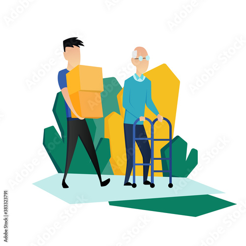 Social worker taking care about seniors people. Volunteer young people help elderly man carry boxes. Vector flat cartoon illustration