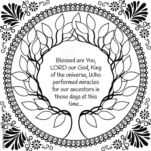 Blessing for the miracles of Hanukkah text "Blessed are You, LORD our God, King of the universe, Who performed miracles for our ancestors in those days at this time". Black on transparent
