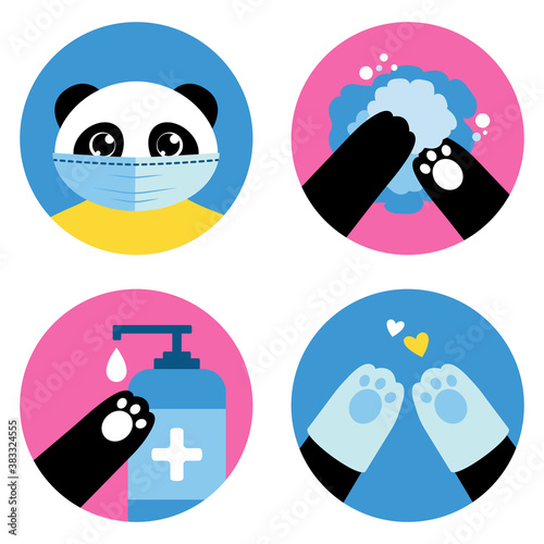 Coronavirus personal hygiene illustrated by the cute panda bear. Flat vector icons set: wear a mask, wash your hands, use sanitizer, wear gloves. Cartoony instruction for kids