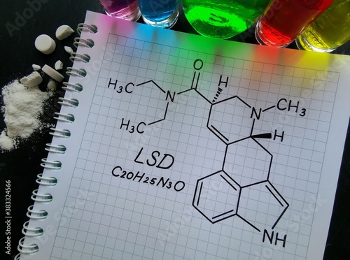 Structural chemical formula of LSD (Lysergic acid diethylamide) molecule. LSD is a hallucinogenic, psychedelic drug. White powder, colored liquid in flasks, and tablets - drug abuse concept. photo