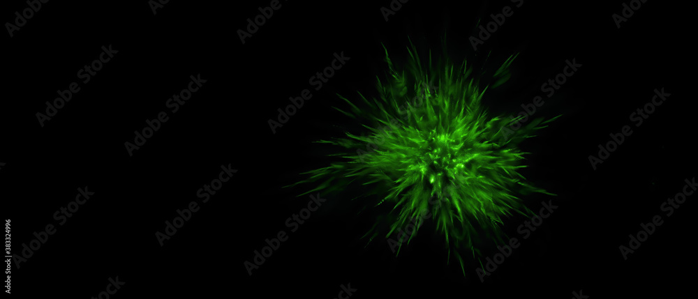 Explosion of colored dust green particles on black background Explosion of colored dust green particles on black background