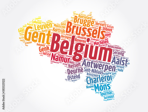 List of cities and towns in Belgium, map word cloud collage, business and travel concept background