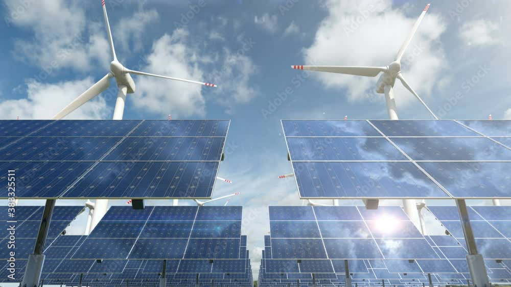 Animation with solar panel cells and spinning wind turbines on the eco energy farm. Power generators produce electricity with wind and solar panels with sunlight. This is clean and green industry.