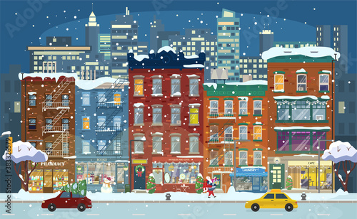 Winter cityscape with snowy houses, shops, decoration elements and Santa with gifts. City street with gift shop, cafe, laundry, pharmacy, book shops. Christmas Night. Winter fairytale. Flat vector.