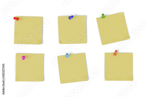 Six blank noted pinned with colorful pins isolated on white background. 3d illustration.