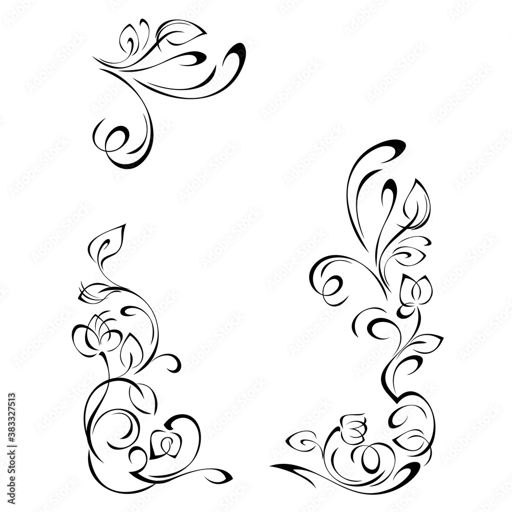 frame 64. decorative frame with stylized flower buds on stems with leaves and vignettes in black lines on a white background