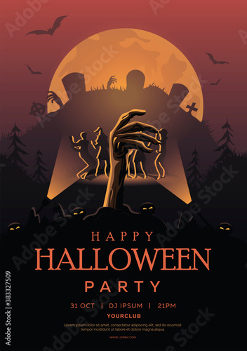 Happy Halloween party invitation. The zombie hand rises from the graveyard. Night dancing in the cemetery on a full moon. Vector illustration. Cobwebs and bats. EPS 10