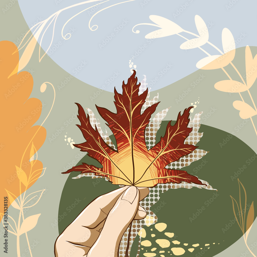 Hand holding autumn bright leaf with shadow and abstract flame on abstract floral ornament background. Digital hand drawn colorful autumn illustration. Good for Thanksgiving decoration, card, print.