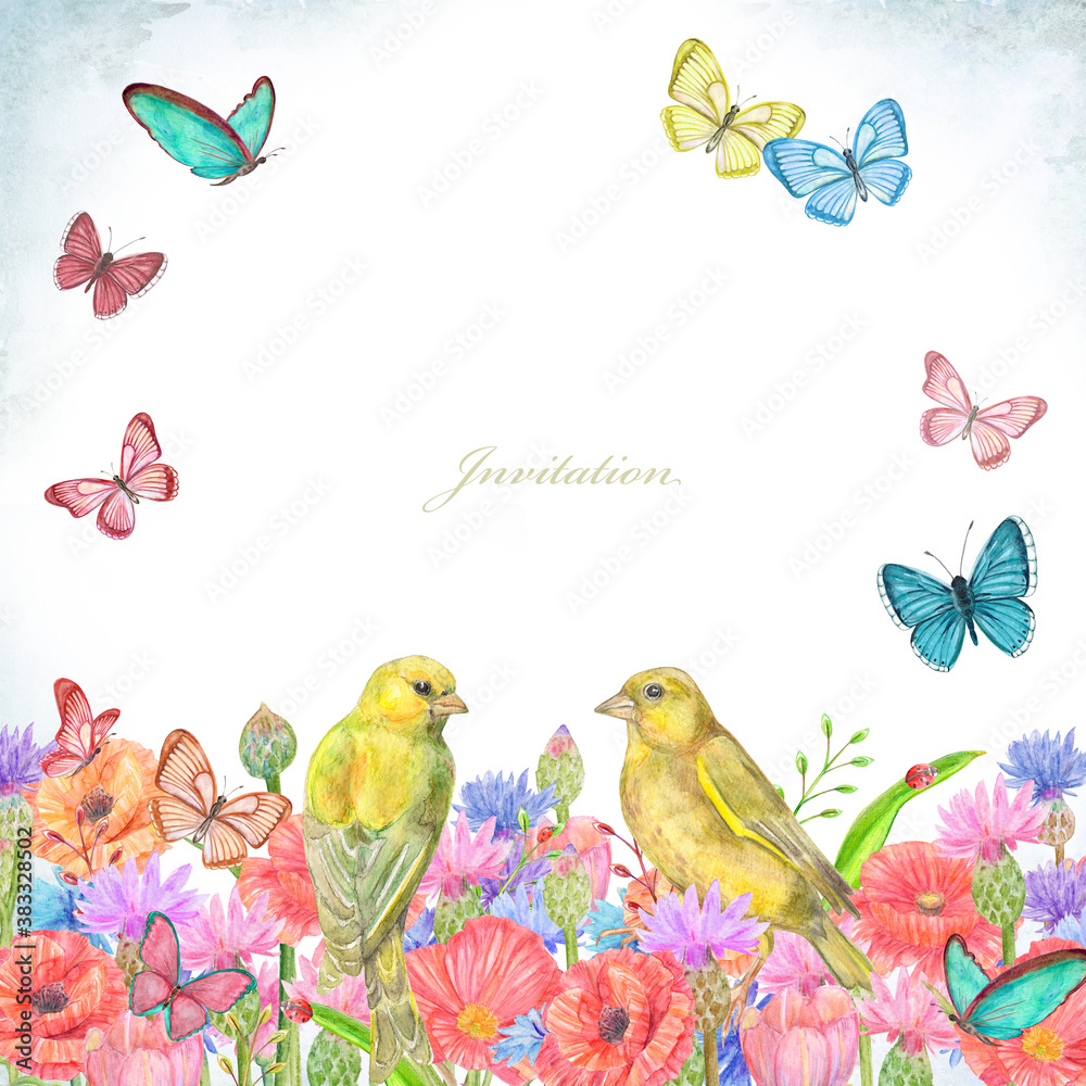 lovely couple of yellow birds in meadow wild flowers with red poppies surrounded flying butterflies. watercolor painting lovely couple of yellow birds in meadow wild flowers with red poppies surrounded flying butterflies. watercolor painting