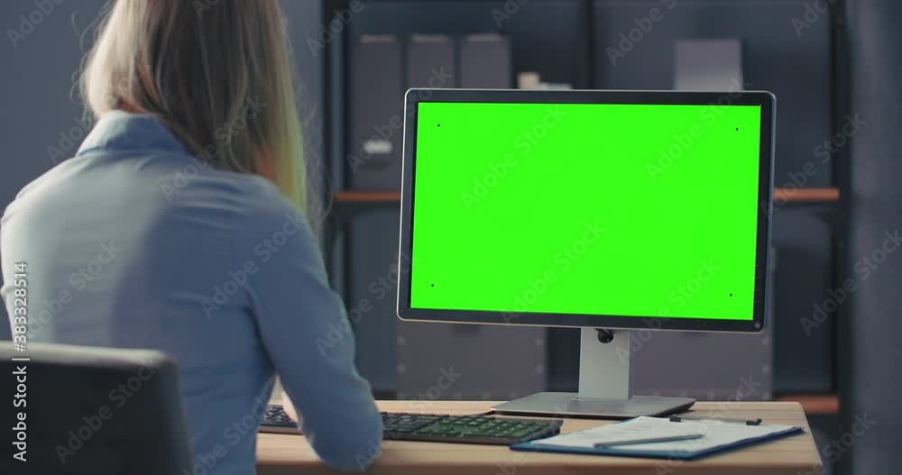 Back view of female office worker in blue shirt sitting at desk, looking at green computer screen and taking notes. Space for text and advertisement. Concept of technology and business.