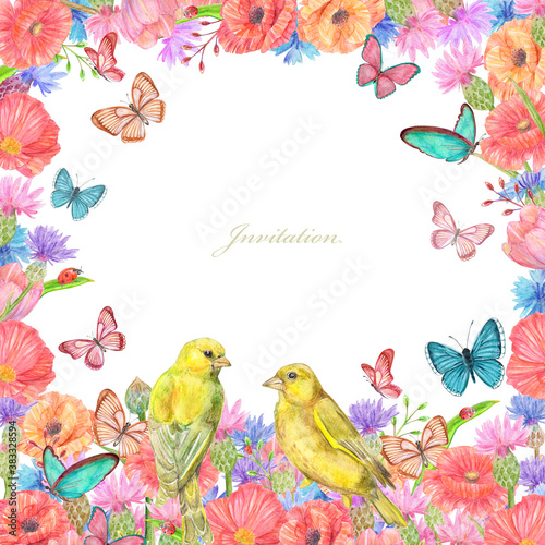 meadow wildflowers frame with lovely couple of yellow birds surrounded flying butterflies. watercolor painting