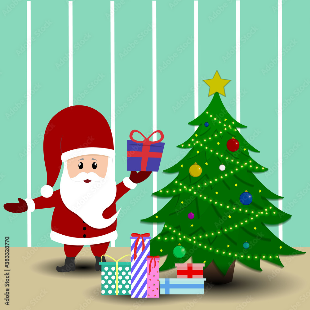 Fototapeta premium Santa Claus puts gifts under the Christmas tree. Interior during the holidays. New Year's decorations, garlands. Vector illustration