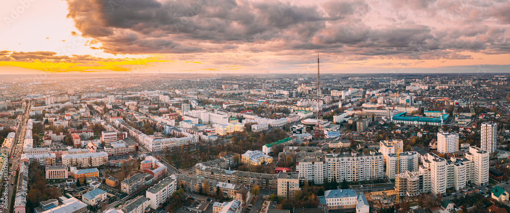Gomel, Belarus. Aerial View Of Homiel Cityscape Skyline In Autumn Evening. Residential District During Sunset. Bird's-eye View