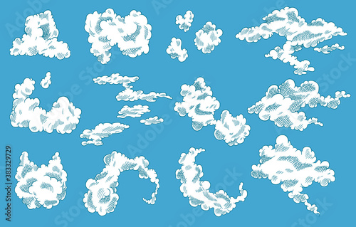 Hand drawn vector clouds set. Vintage retro sky design. Engraved sketch. Abstract doodle clouds. Line art