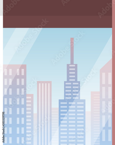 Skyscraper building in city space view from the window. Vector design modern urban landscape city life illustration with house facades. Industrial constructions with apartments and office premises