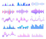 Sound waves set, audio digital equalizer technology, musical pulse vector Illustrations on a white background. Voice line waveform, volume level symbol